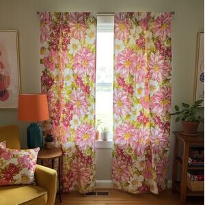 MCM Vintage Pink Floral Curtains 2 Panels W24x L62 Mod Avocado Green 70's 60's